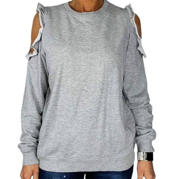 Alison Andrews Cold Shoulder Ruffle Size Medium Light Grey - Picture 1 of 6